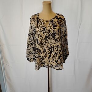 Tommy Bahama Navy and White Palm Frond Patterned Peasant Style Blouse Size Med
